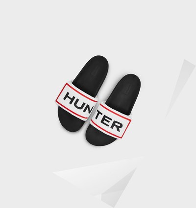Black / White Hunter Original Terry Towelling Logo Adjustable Women's Slides | 015EIQDXS