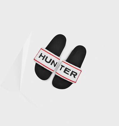 Black / White Hunter Original Terry Towelling Logo Adjustable Men's Slides | 027JAXRHY
