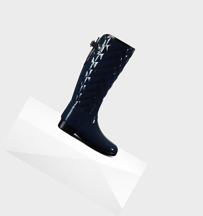 Navy Hunter Refined Adjustable Quilted Gloss Women's Rain Boots | 257IXDQFK