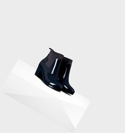 Navy Hunter Refined Slim Fit Gloss Mid Women's Heeled Boots | 710DVSNCY